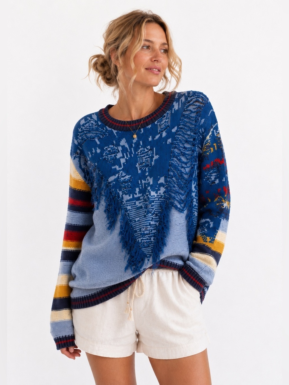 BDG Coastal Distressed Knit Sweater Blue Striped Size M NEW